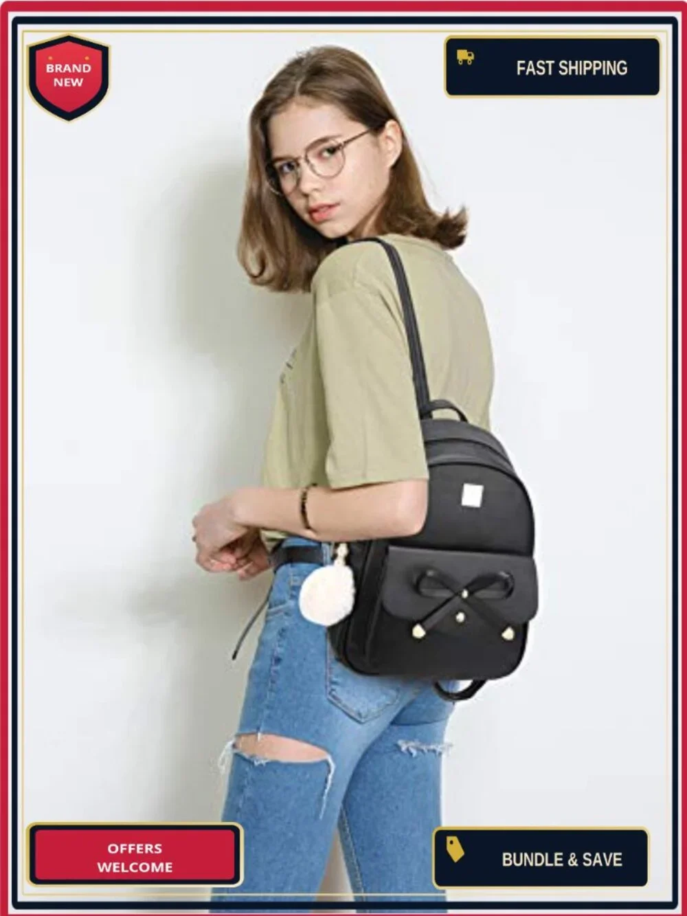 Faux Leather Bowknot 3-Piece Backpack for Women Ladies Rucksack Travel